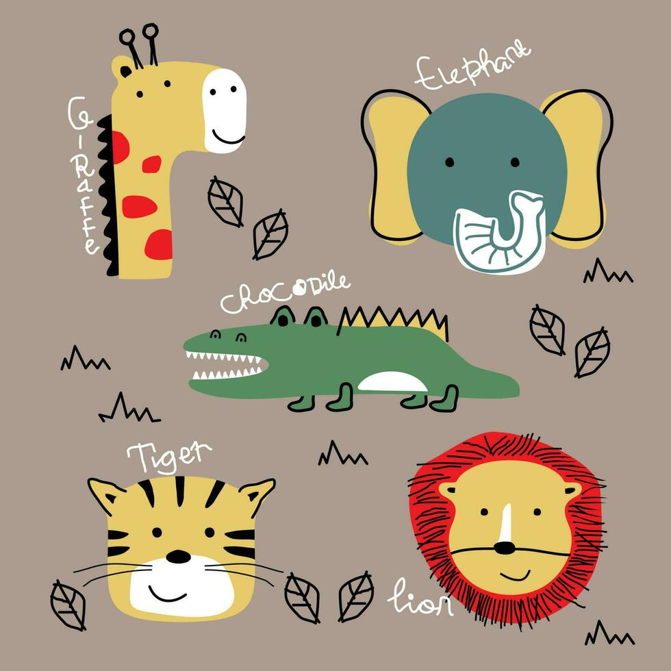 leone, tigre, coccodrillo, elefante, giraffa divertente animale cartone animato vettore