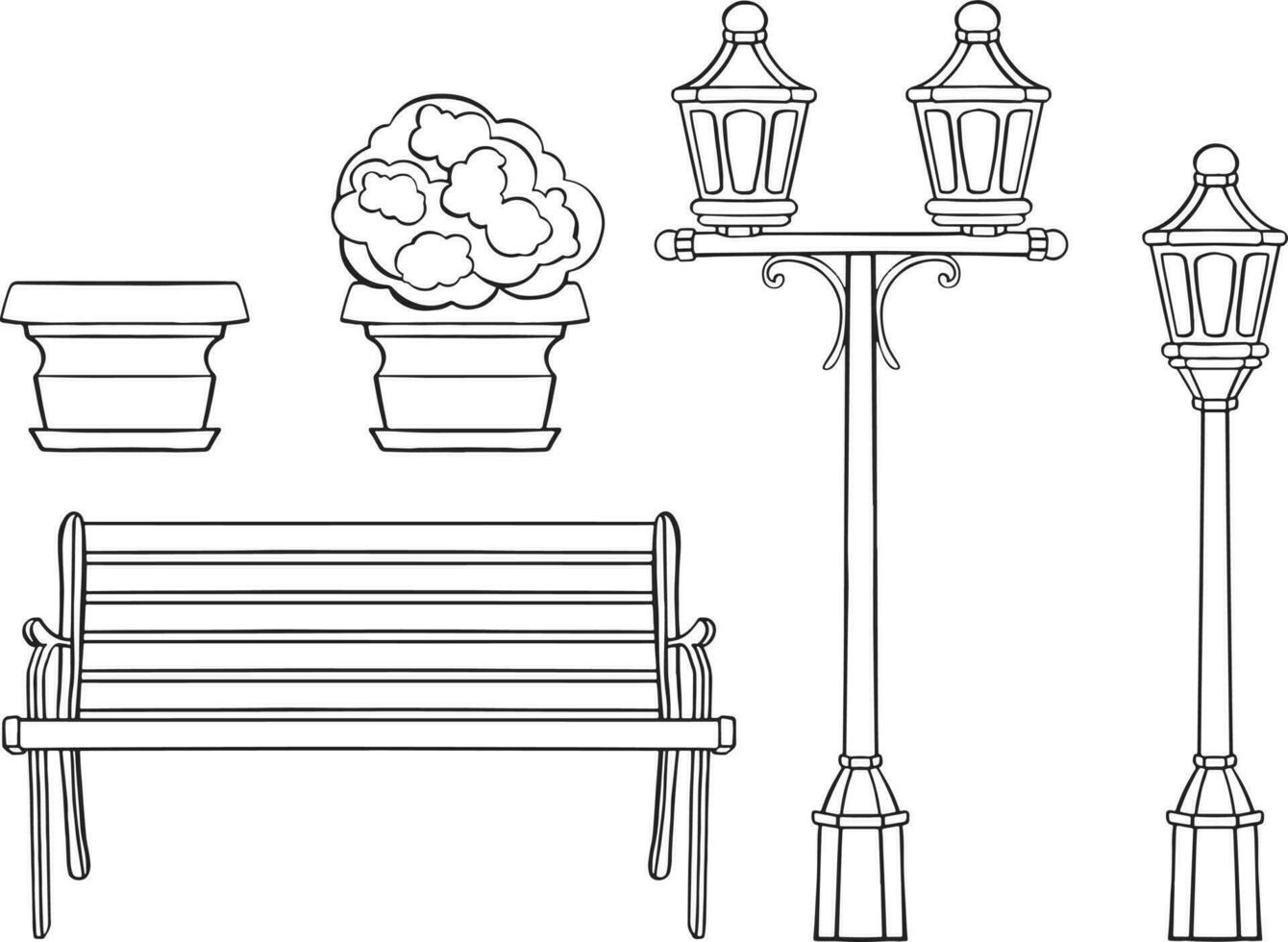 linea arte di un' panca, un' fiore letto e un' lanterna. vettore illustrazione.