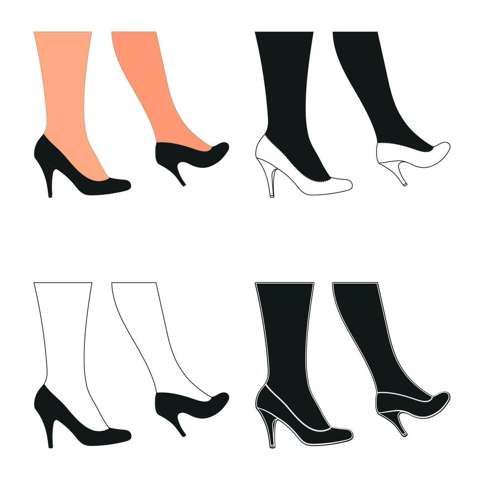 silhouette schema di femmina gambe nel un' posa. scarpe tacchi a spillo, alto tacchi. a passeggio, in piedi, in esecuzione, saltare, danza vettore