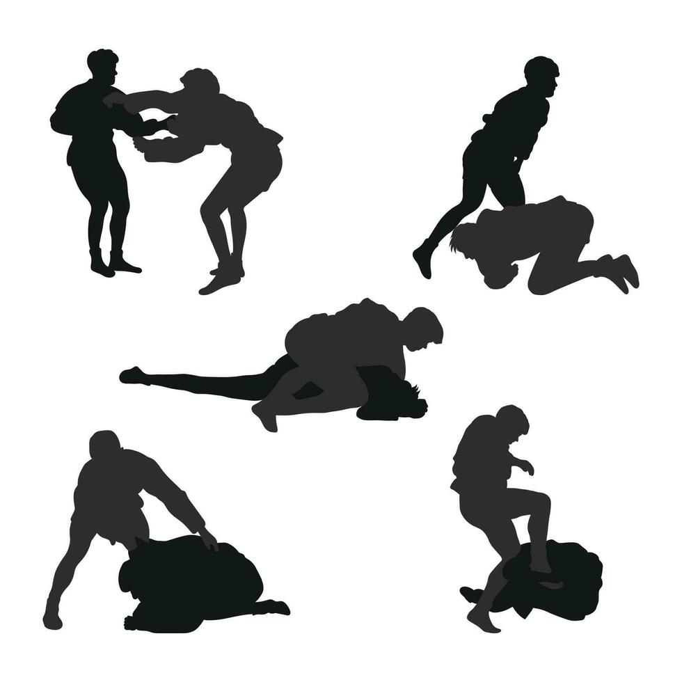 impostato di naturale sagome di sambo atleti nel sambo lotta, combattere sambo, duello, combattere, jiu jitsu. marziale arte, sportività vettore