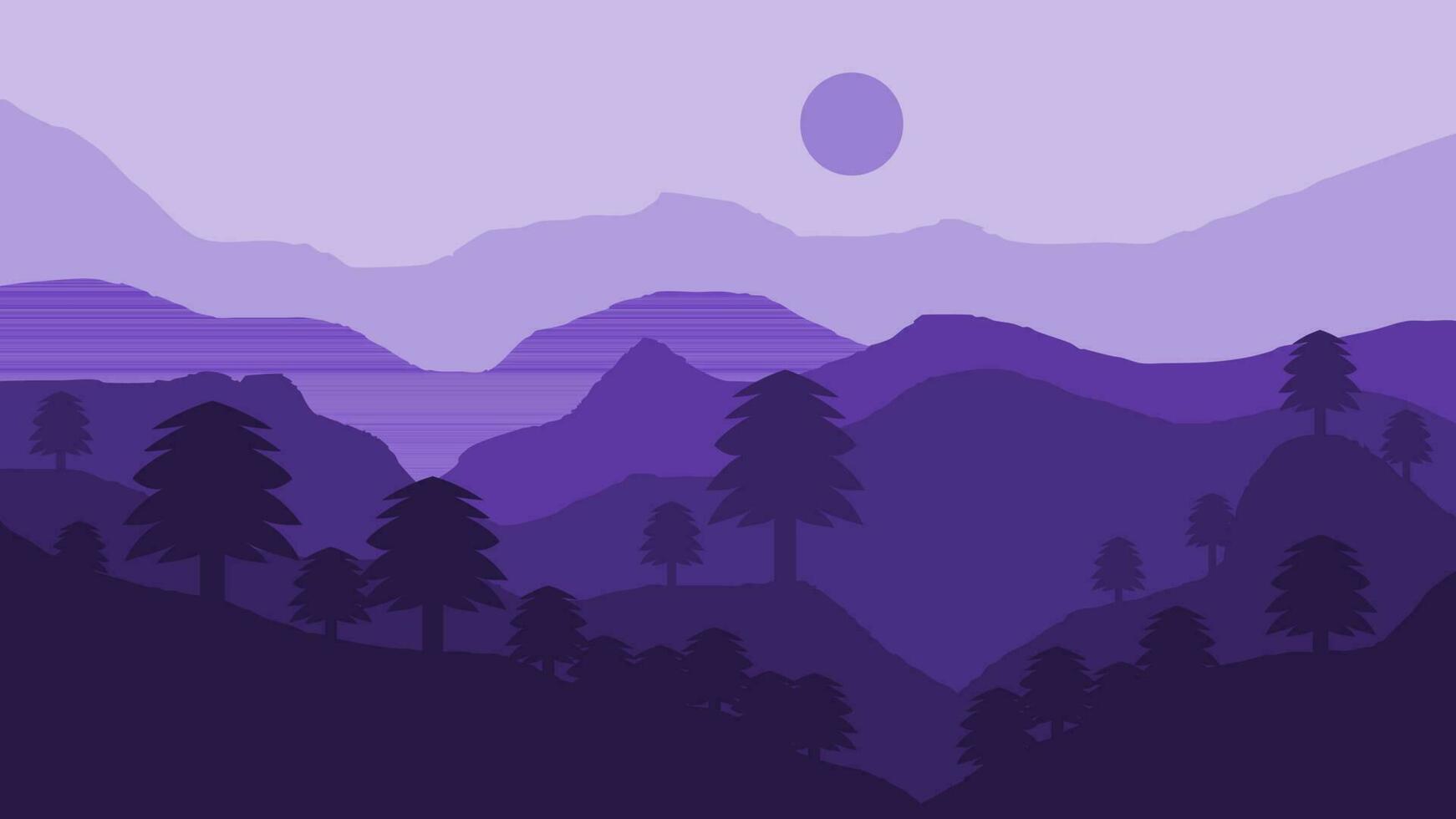 bellissimo paesaggio Visualizza di montagna e alberi nel piatto design con viola colore composizione. adatto per manifesto e casa parete decorazione vettore