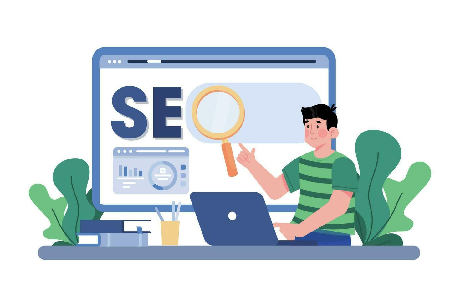 digitale marketing la creazione di un' SEO strategia per un' nuovo sito web. vettore