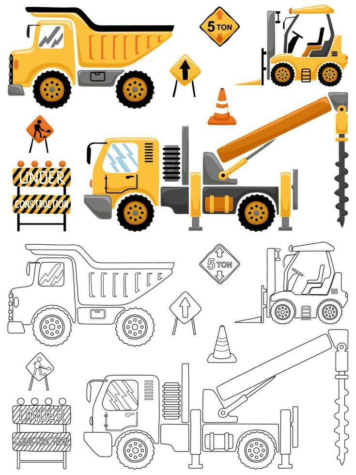 vettore illustrazione di mano disegnato costruzione veicoli con costruzione segni. colorazione libro o pagina