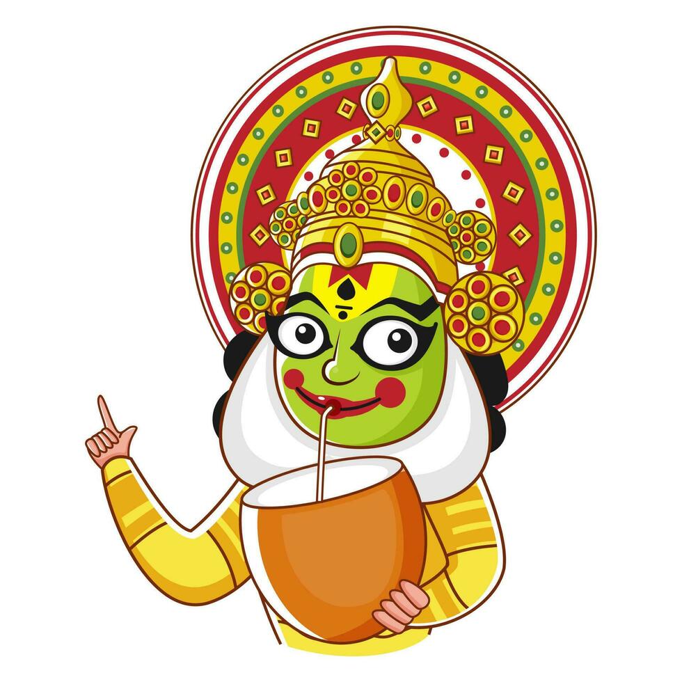 illustrazione di cartone animato kathakali ballerino godere Noce di cocco bere. vettore