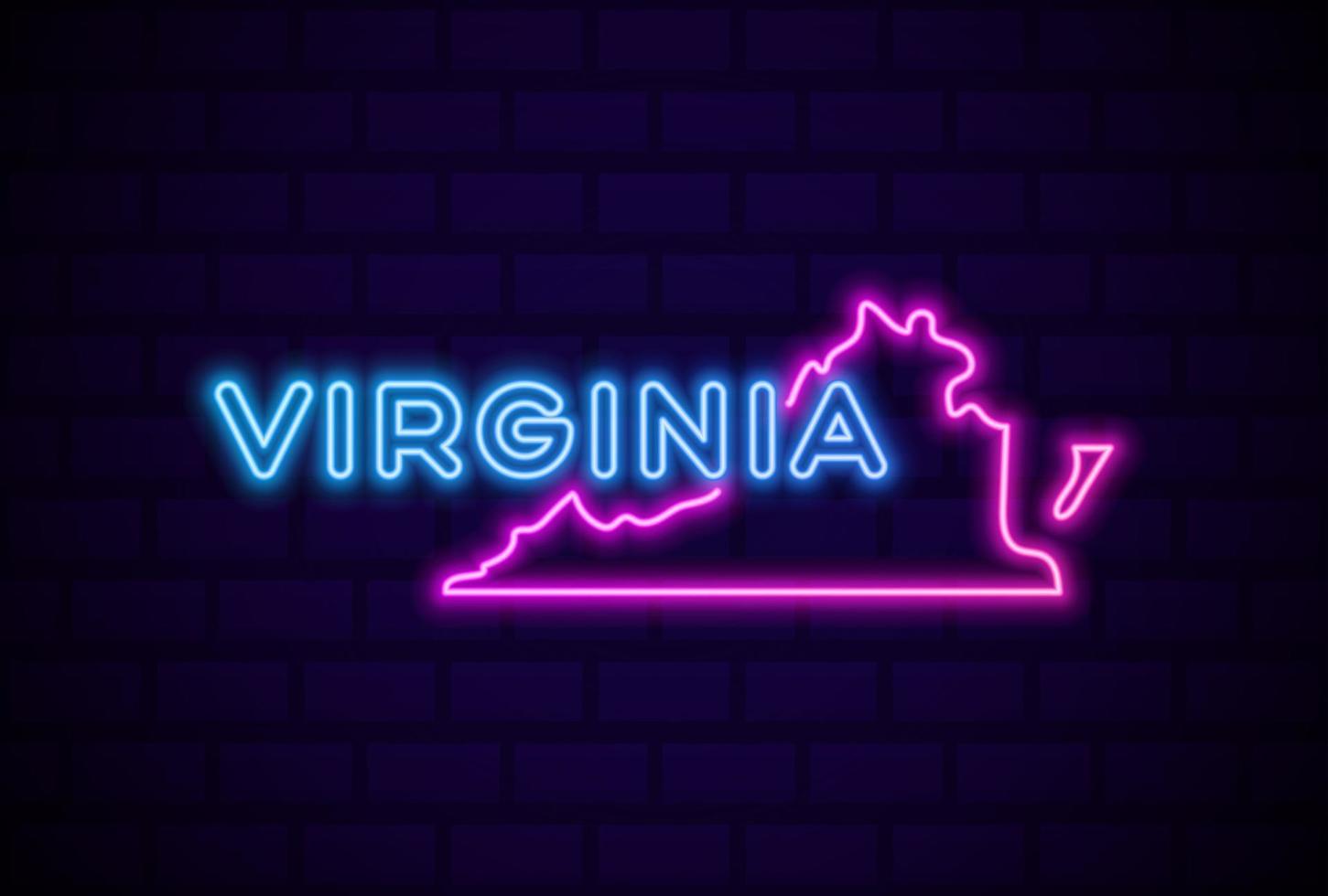 Virginia stato americano lampada al neon incandescente segno illustrazione vettoriale realistico bagliore blu muro di mattoni