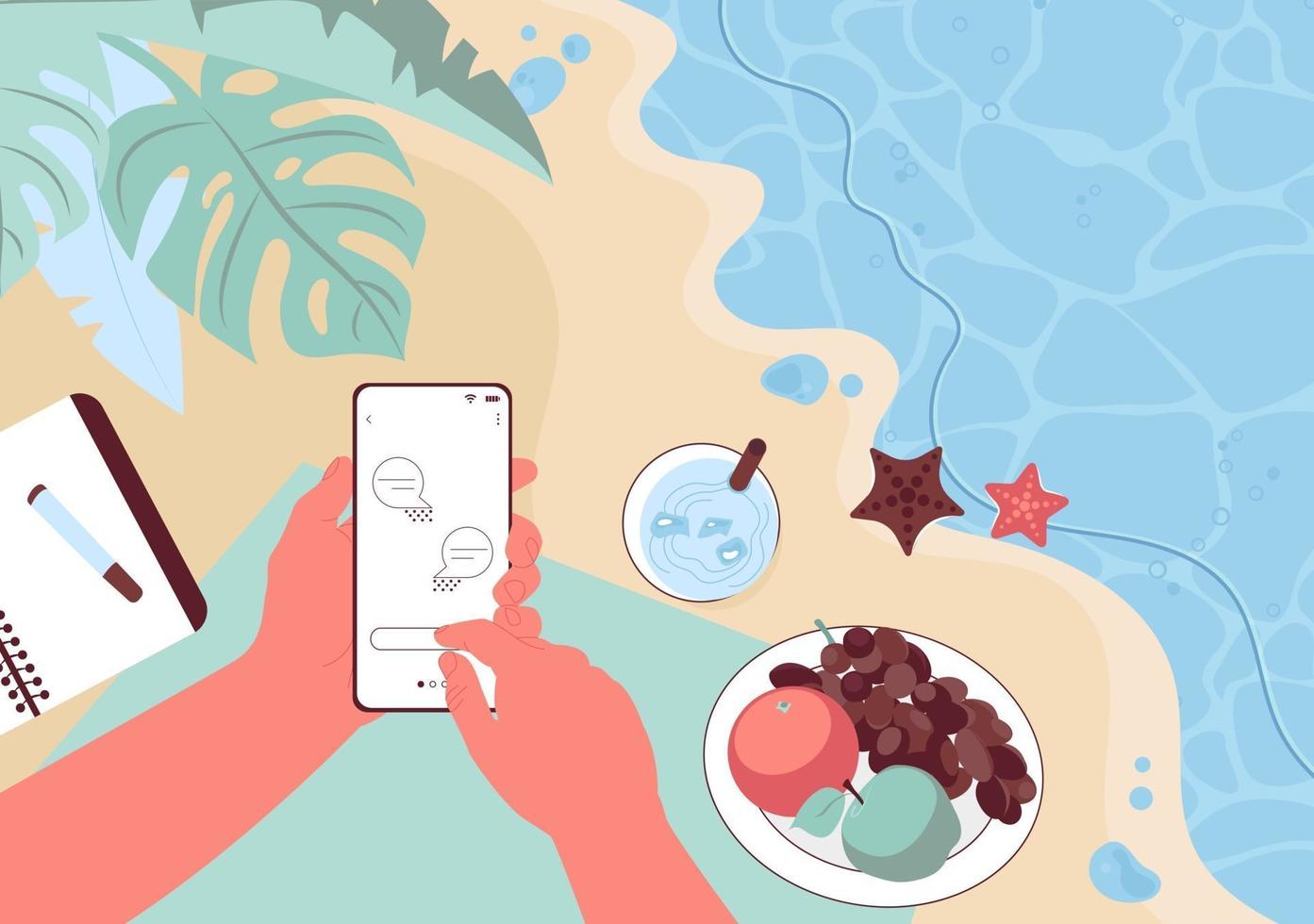 maschio mano che tiene smartphone con messaggio sullo schermo con spiaggia sullo sfondo vettore