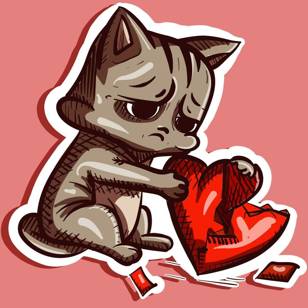 vettore di un' triste e solitario gatto pianto. carino felino Tenere e provando per riparazione un' rotto cuore.