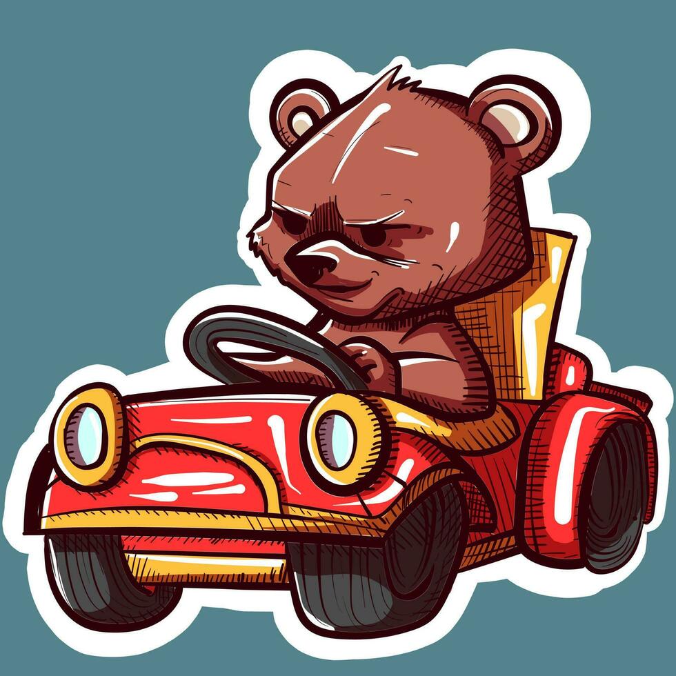 digitale arte di un' orsacchiotto orso guida un' piccolo rosso giocattolo macchina. vettore di un' ripieno animale Lavorando come un' autista dentro un automobile.