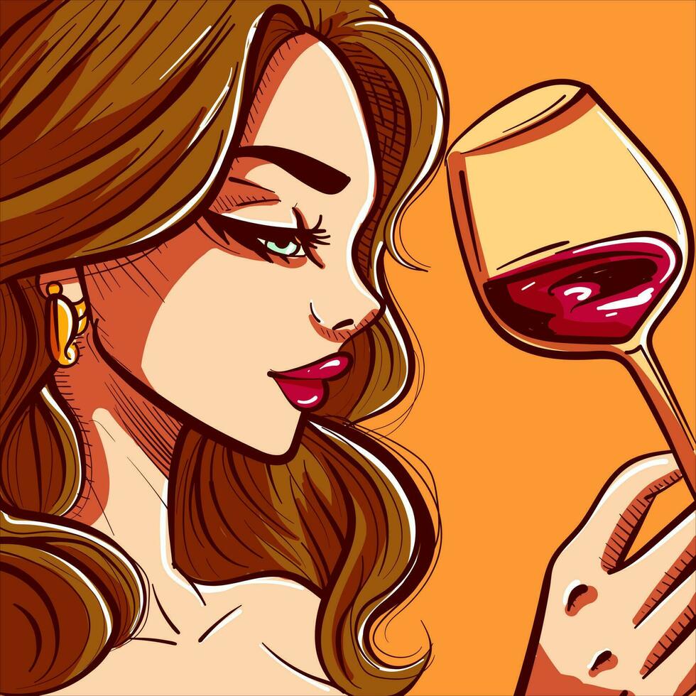 digitale arte di un' donna potabile vino. vettore di un' ragazza Tenere un' bicchiere di vino. bellissimo femmina tostatura e godendo un' cocktail.