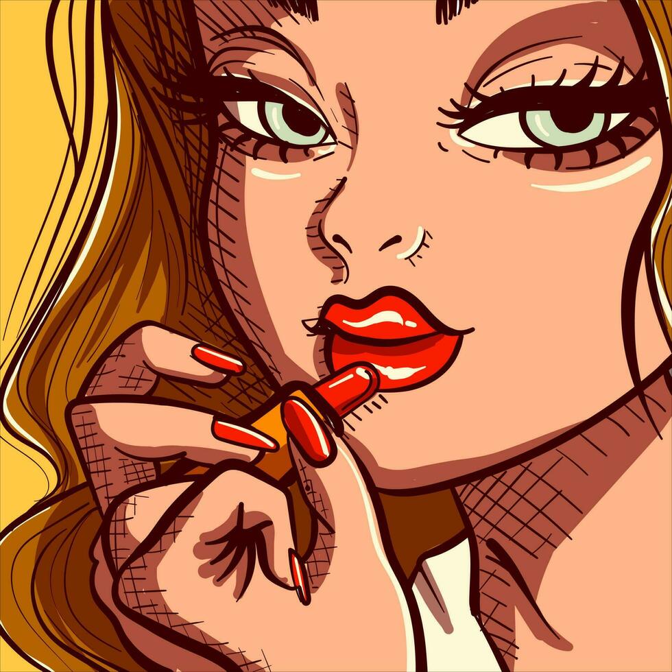 digitale arte di un' donna di viso. avvicinamento illustrazione di un' ragazza mettendo rossetto su sua labbra. femmina l'applicazione labbro lucentezza. vettore