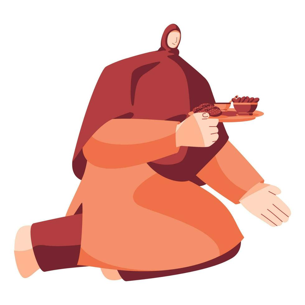 cartone animato musulmano donna Tenere piatto di delizioso cibo nel seduta posa. vettore