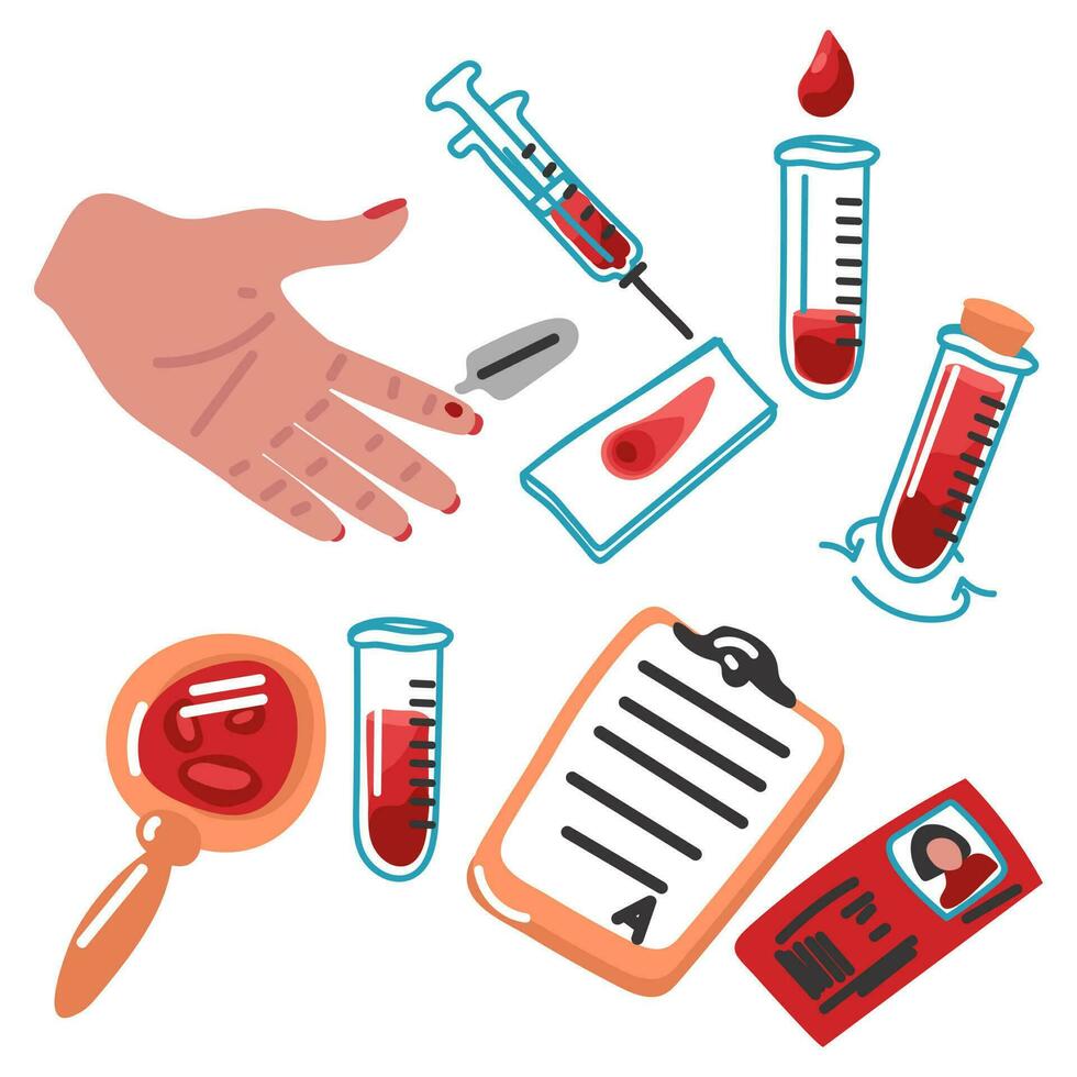 isometrico sangue donazione kit selezione infermiera. utensili per studiando il sangue di futuro donatori. vettore illustrazione di passo dopo passo sangue analisi di un' donatore. campione, verifica, conclusione, documenti