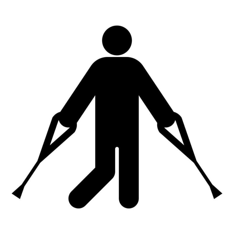 uomo con stampelle stampelle rotto gamba nel getto gesso osso infortunio frattura icona nero colore vettore illustrazione Immagine piatto stile