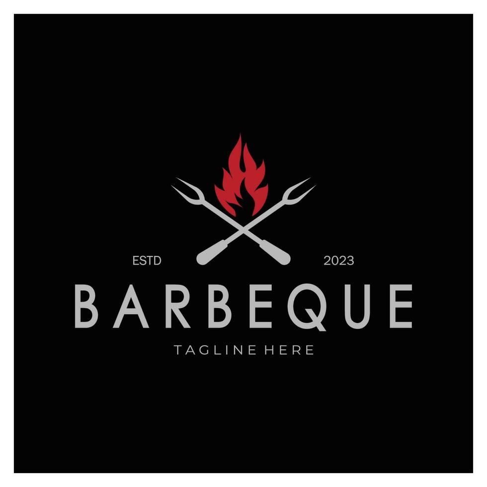 Fumo e bbq barbecue Vintage ▾ caldo griglia, con attraversato fiamme e spatola. logo per ristorante, distintivo, bar e bar.vettore vettore