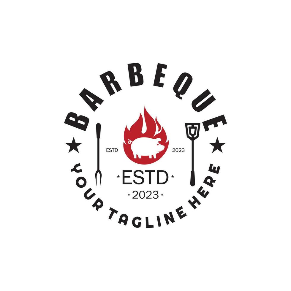 Fumo e bbq barbecue Vintage ▾ caldo griglia, con attraversato fiamme e spatola. logo per ristorante, distintivo, bar e bar.vettore vettore