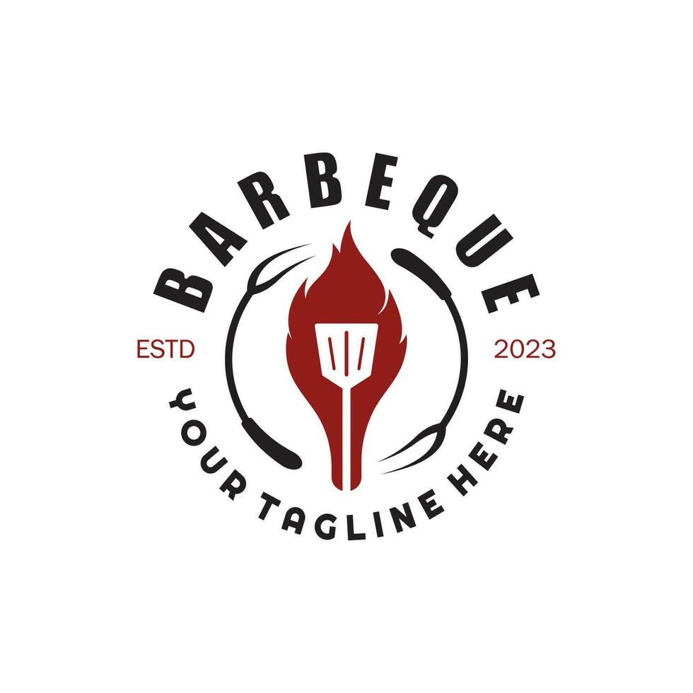 semplice barbecue Vintage ▾ caldo griglia, con attraversato fiamme e spatola. logo per ristorante, distintivo, bar e bar.vettore vettore