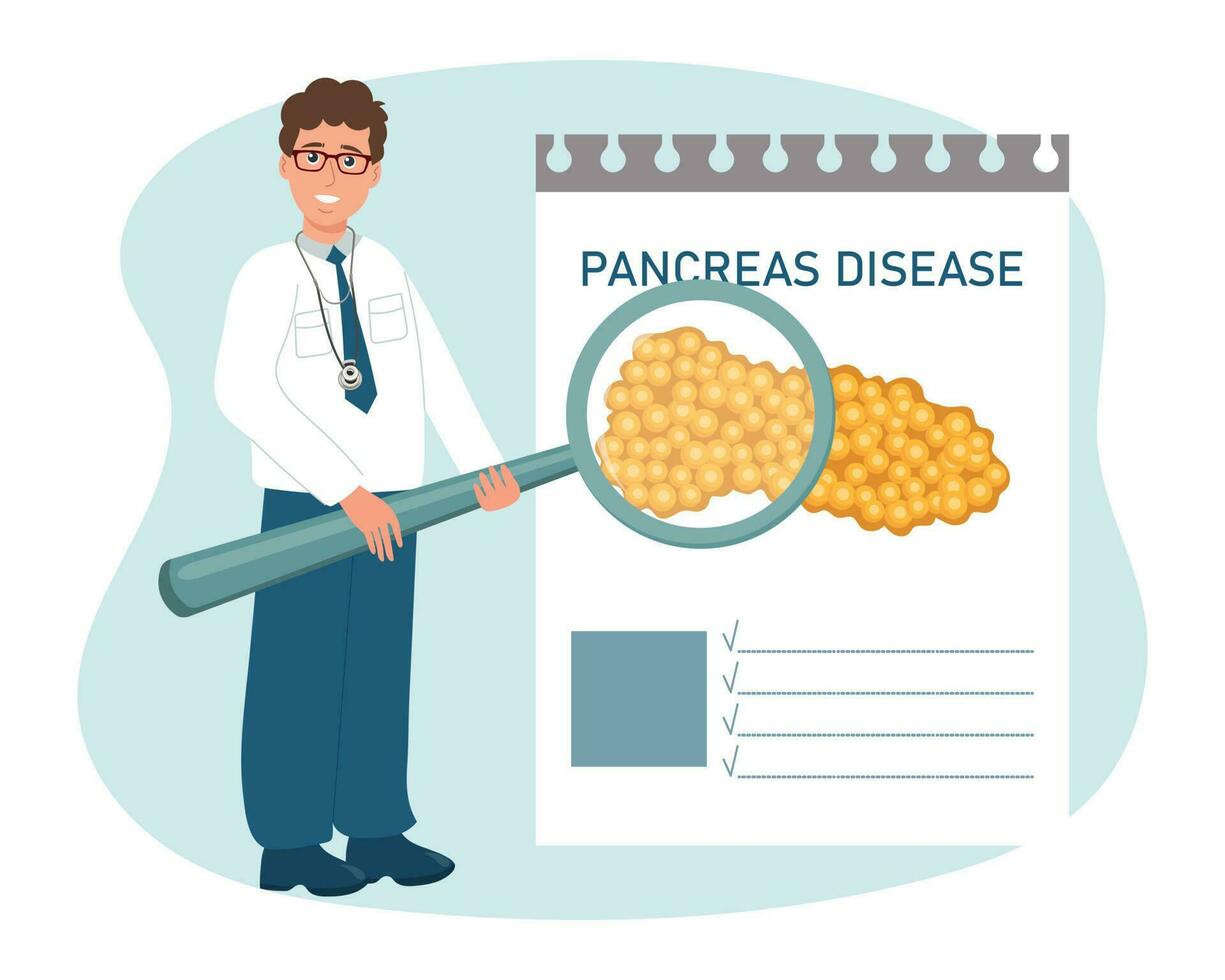 un' maschio medico con un' ingrandimento bicchiere esamina il malattie di il pancreas, il digestivo sistema. il concetto di scienza e medicinale. vettore