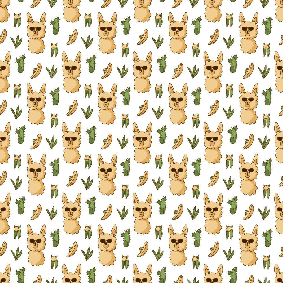 senza soluzione di continuità modello nel y2k stile con un' carino lama personaggio nel occhiali da sole, cactus, cappelli. cartone animato piatto colore vettore illustrazione.