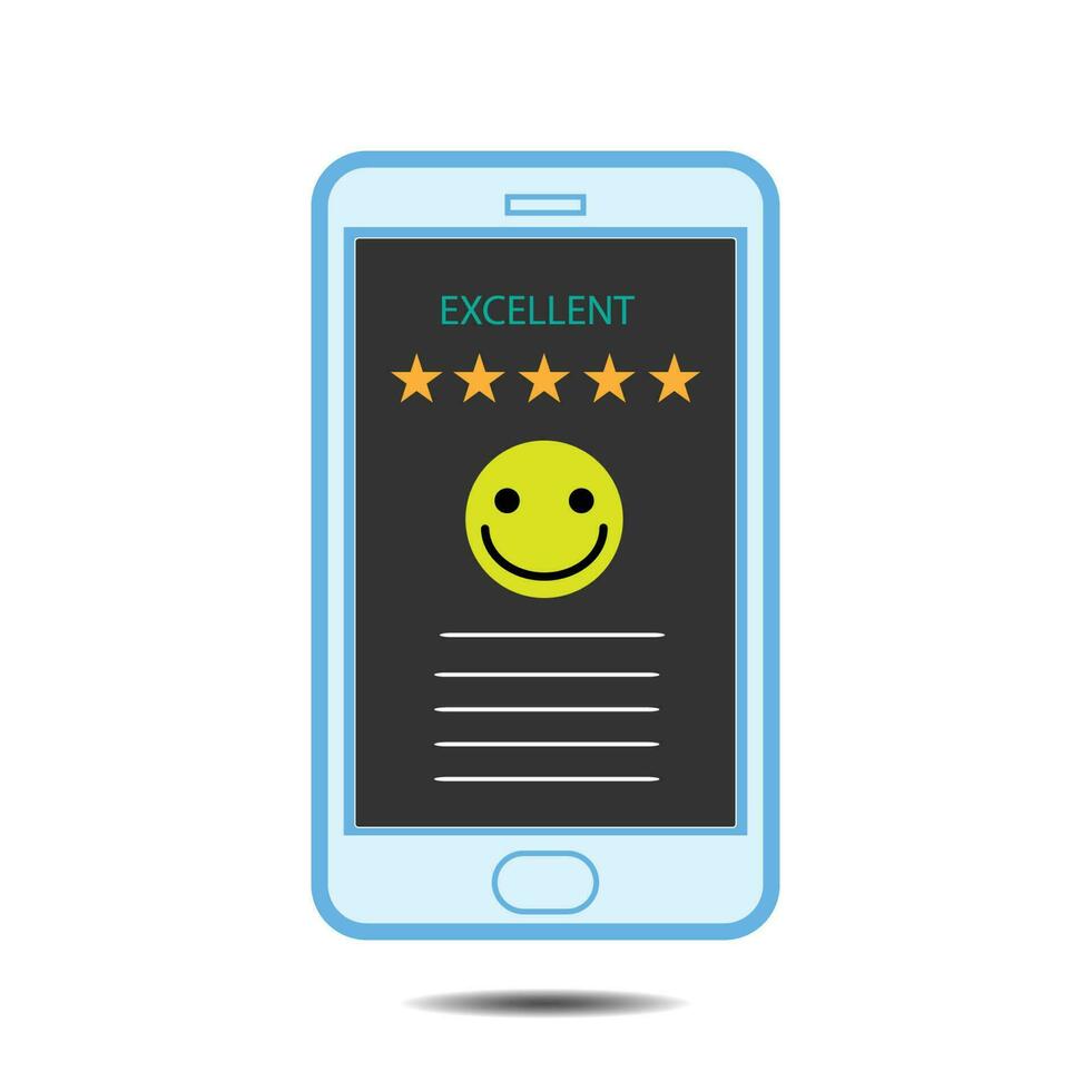 emoticon smiley viso su smartphone schermo. con apparire cinque stella icona per risposta revisione soddisfazione servizio, cliente servizio Esperienza e attività commerciale soddisfazione indagine. vettore
