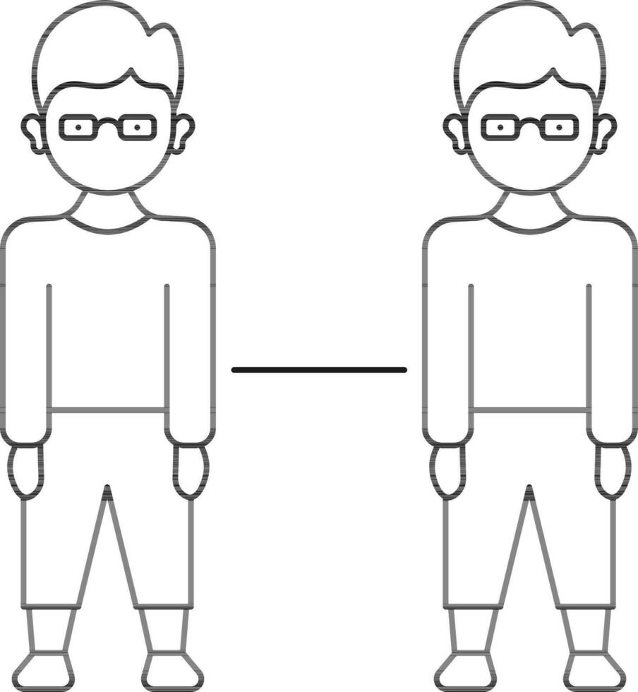 occhiali indossare Due uomini in piedi con sociale distanziamento icona nel magro linea arte. vettore