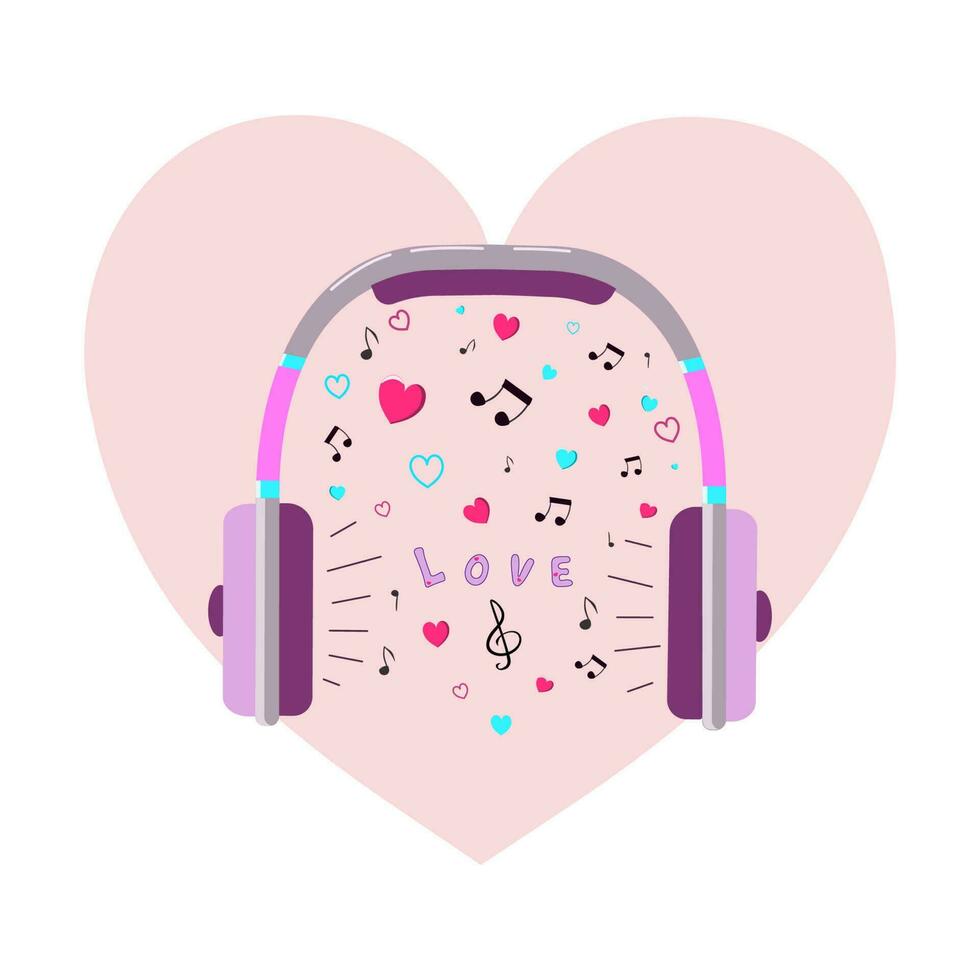 cuffie con musica. cartone animato cuffia, cuore, musicale notazione. amore, romantico musica. San Valentino giorno. vettore grafica.