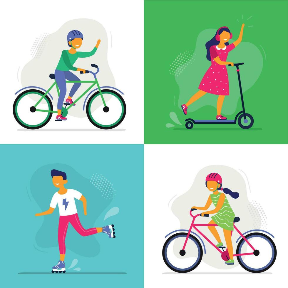 pattinando bambini. bambini cavalcata bicicletta, Pattini e scooter. pattinare bambini, amici equitazione insieme vettore illustrazione