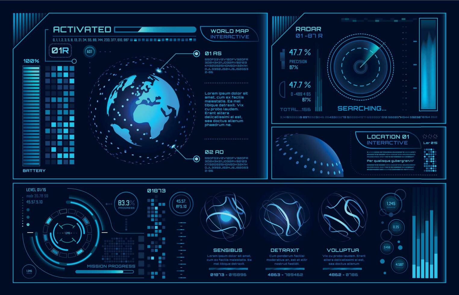 futuristico hud interfaccia. futuro ologramma ui infografica, interattivo globo e informatica cielo fi schermo vettore sfondo illustrazione