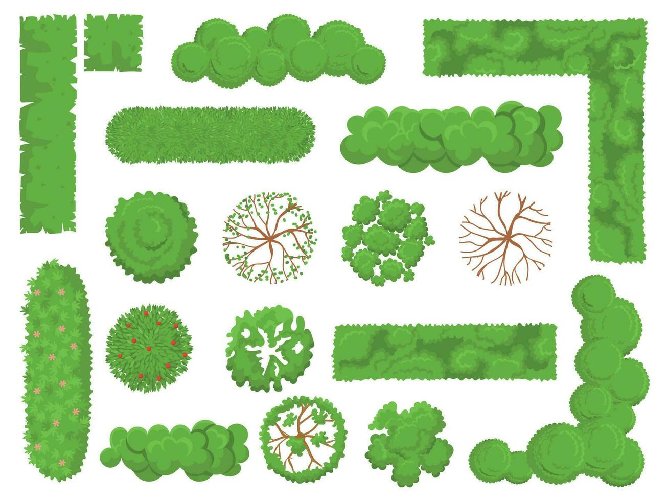 superiore Visualizza alberi e cespugli. foresta albero, verde parco cespuglio e pianta carta geografica elementi Guarda a partire dal sopra isolato vettore impostato