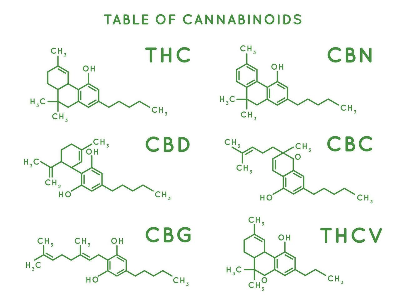 cannabinoide struttura. cannabidiolo molecolare strutture, THC e CBD formula. marijuana o canapa molecole vettore illustrazione