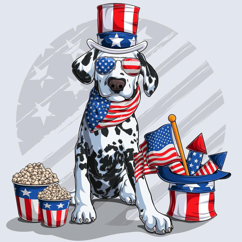simpatico cane dalmata seduto con elementi del giorno dell'indipendenza americana il 4 luglio e il memorial day vettore