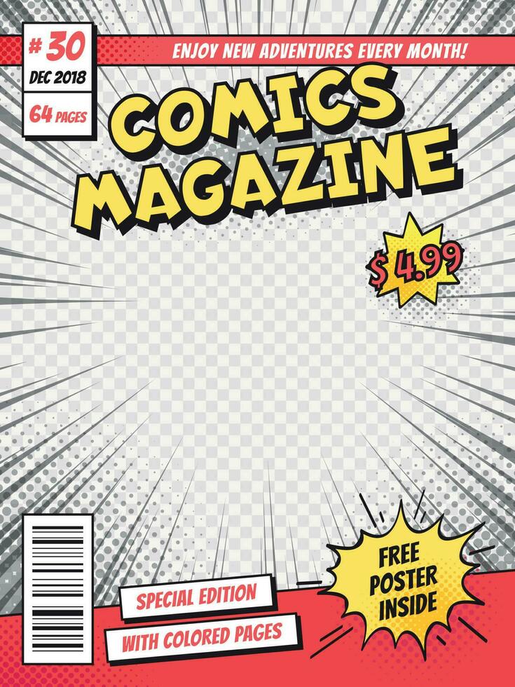 comico libro coperchio. i fumetti libri titolo pagina, divertente supereroe rivista isolato vettore modello