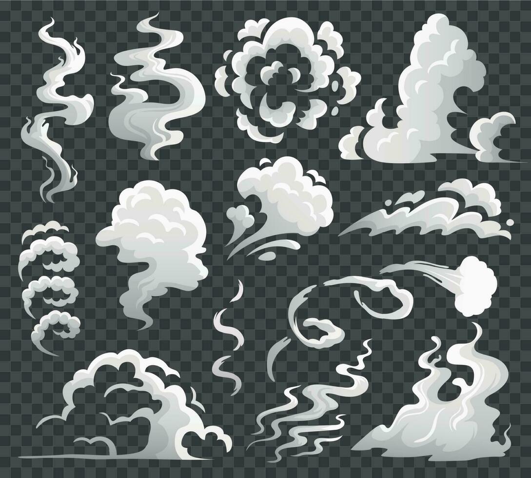 Fumo nuvole. comico vapore nube, fumo vortice e vapore fluire. polvere nuvole isolato cartone animato vettore illustrazione