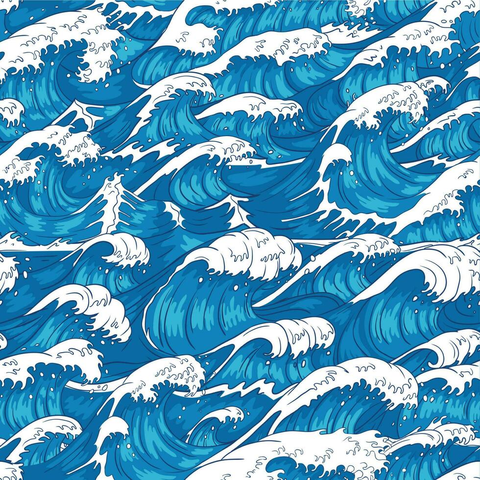 tempesta onde senza soluzione di continuità modello. furioso oceano acqua, mare onda e Vintage ▾ giapponese tempeste Stampa vettore illustrazione sfondo