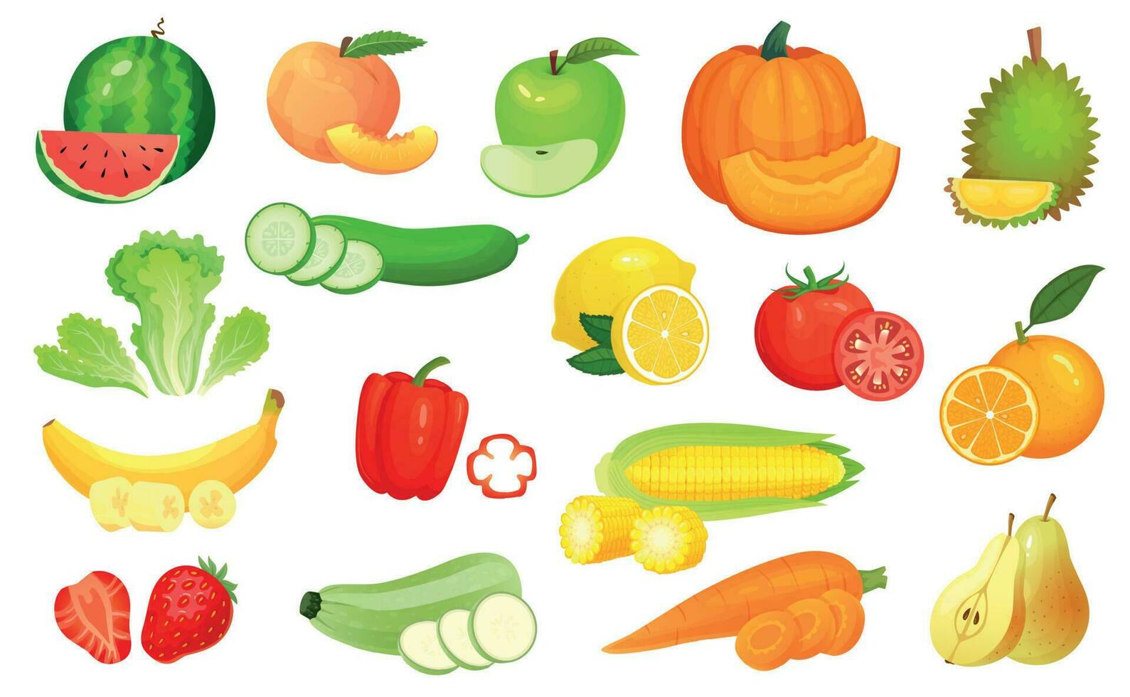 affettato Alimenti. tritato verdure e affettato frutta. chop verdura, frutta e frutti di bosco fetta cartone animato vettore illustrazione impostato
