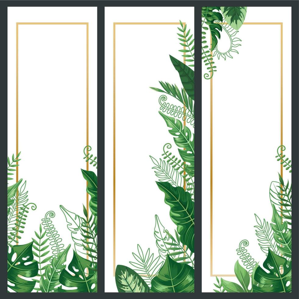 esotico le foglie striscione. tropicale Monstera foglia, palma ramo e Vintage ▾ Hawaii natura impianti verticale banner vettore sfondo impostato