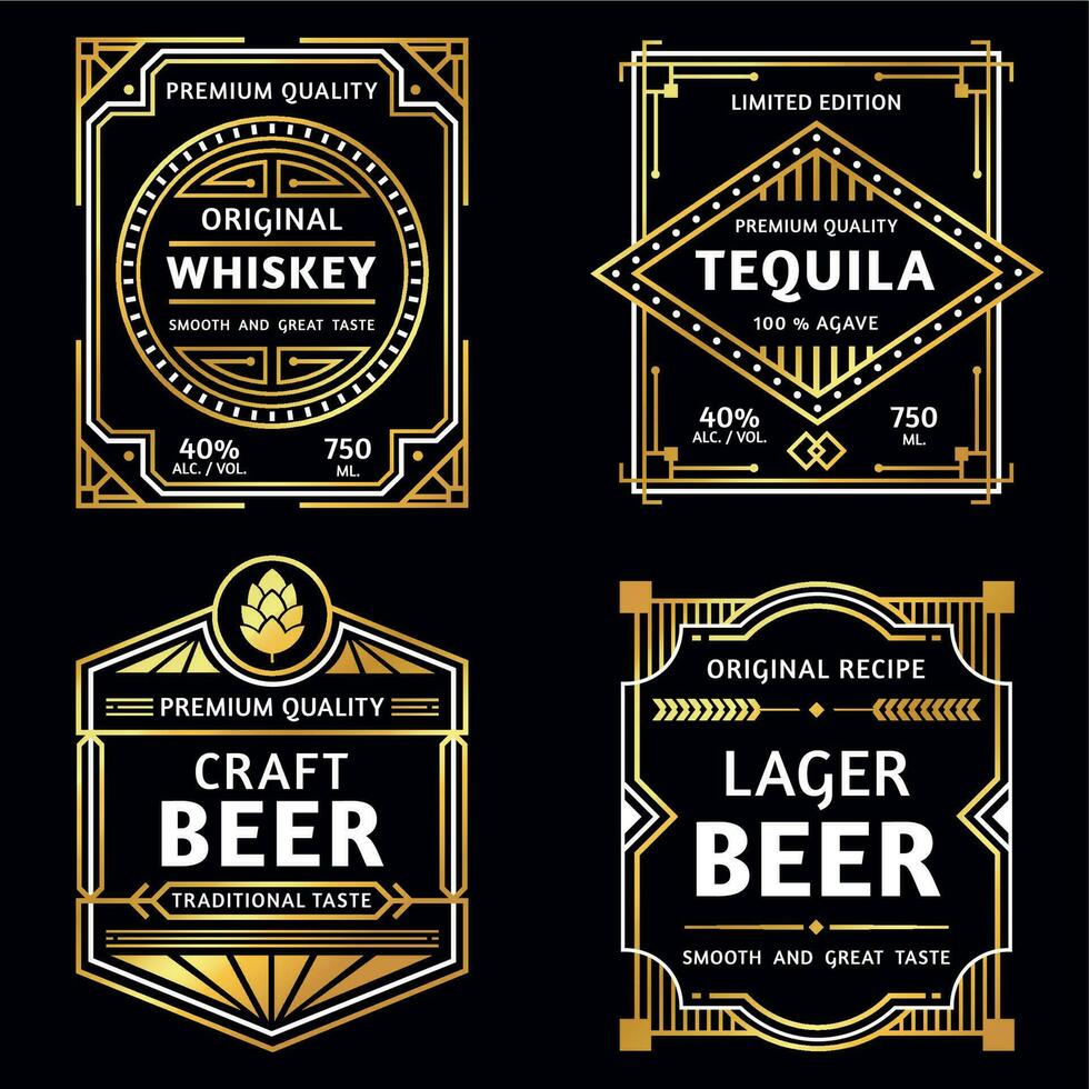 Vintage ▾ alcool etichetta. arte deco whisky, Tequila cartello, retrò mestiere e ager birra etichette vettore illustrazione