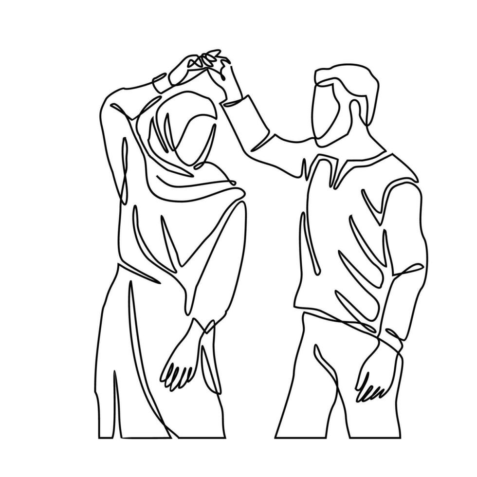 coppia illustrazione nel continuo linea arte disegno stile. uomo e donne nel amore con minimalista nero lineare design isolato su bianca sfondo. vettore illustrazione