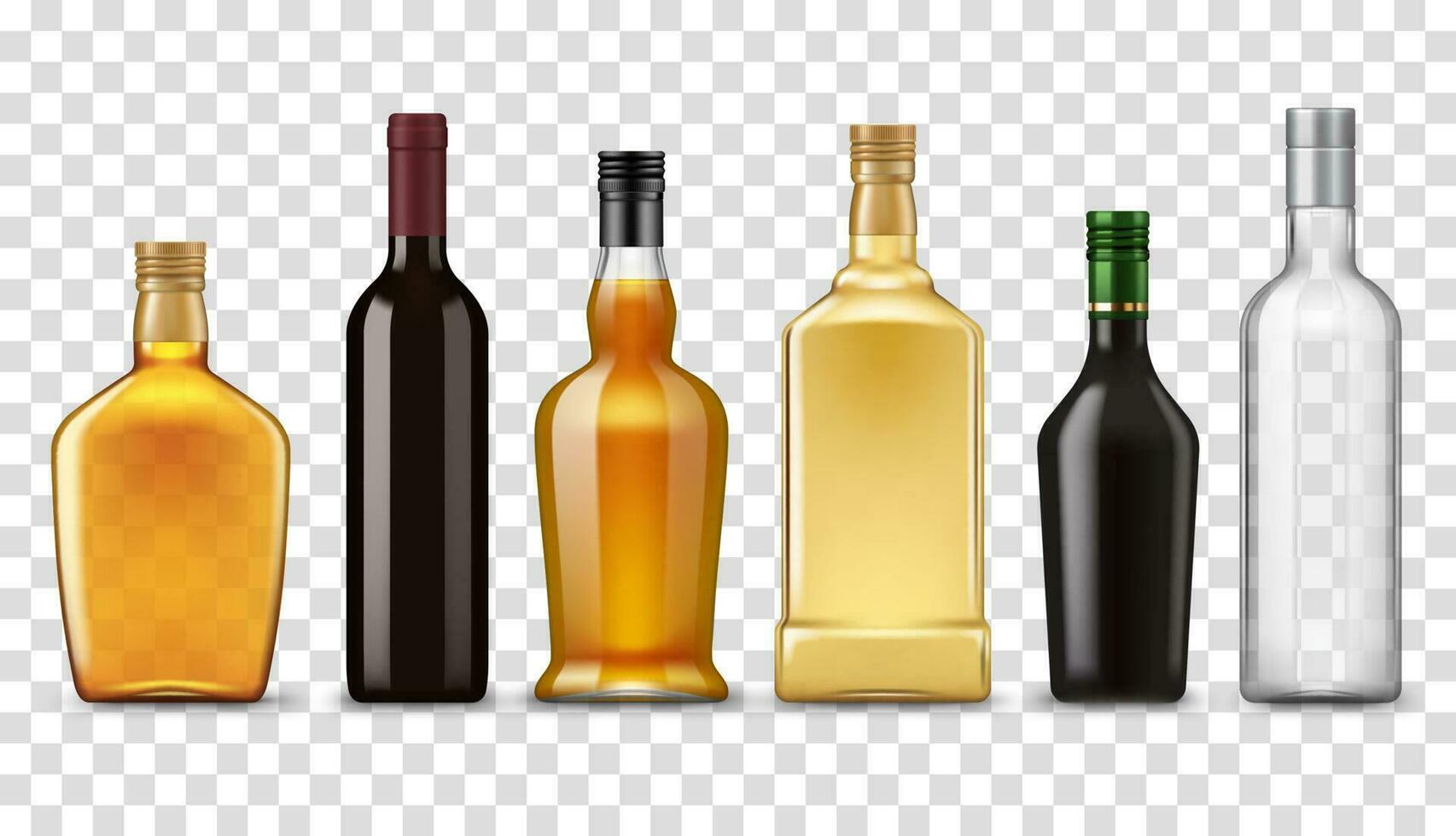 realistico whisky, Vodka, Rum e vino bottiglie vettore