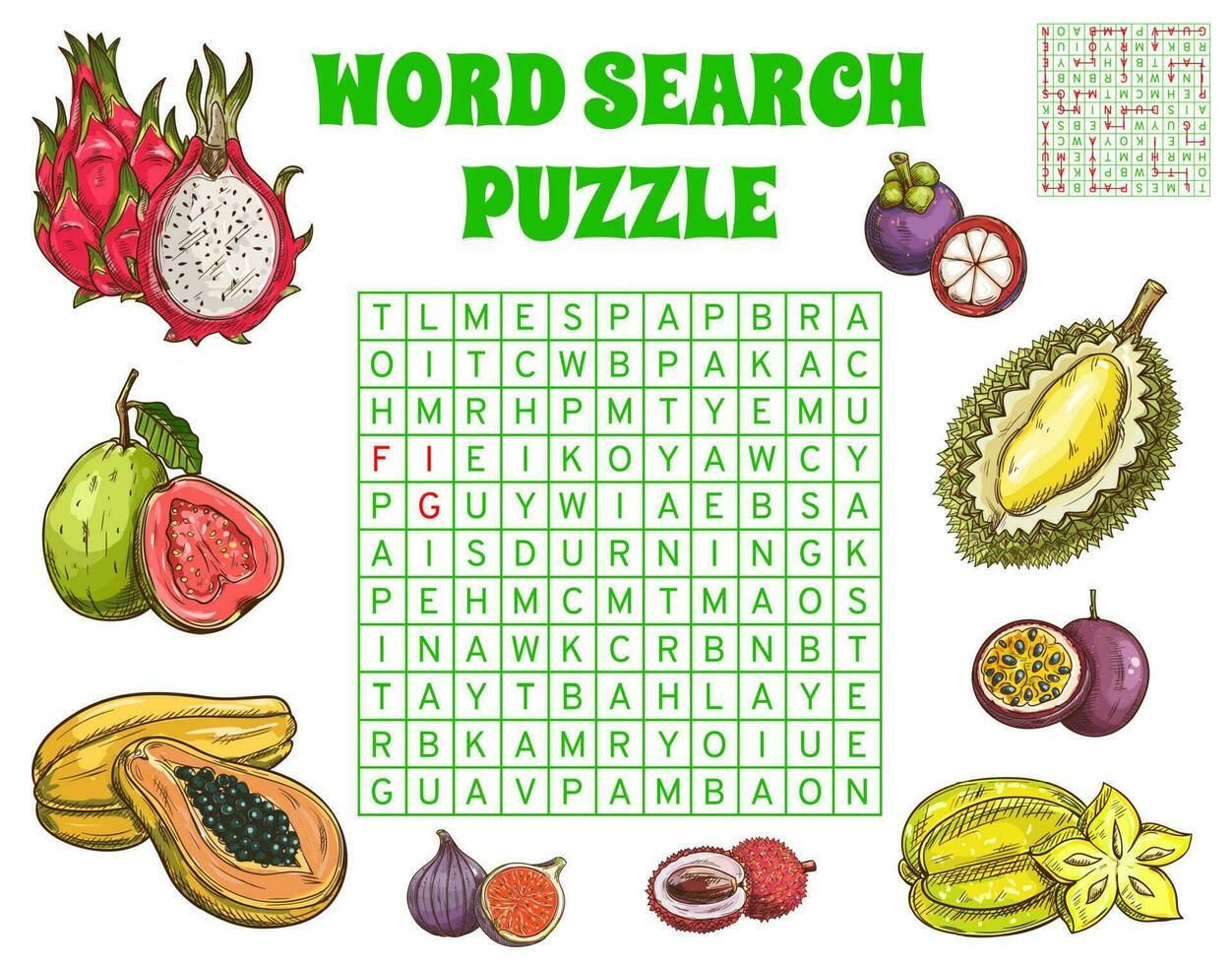 tropicale crudo frutta parola ricerca puzzle foglio di lavoro vettore