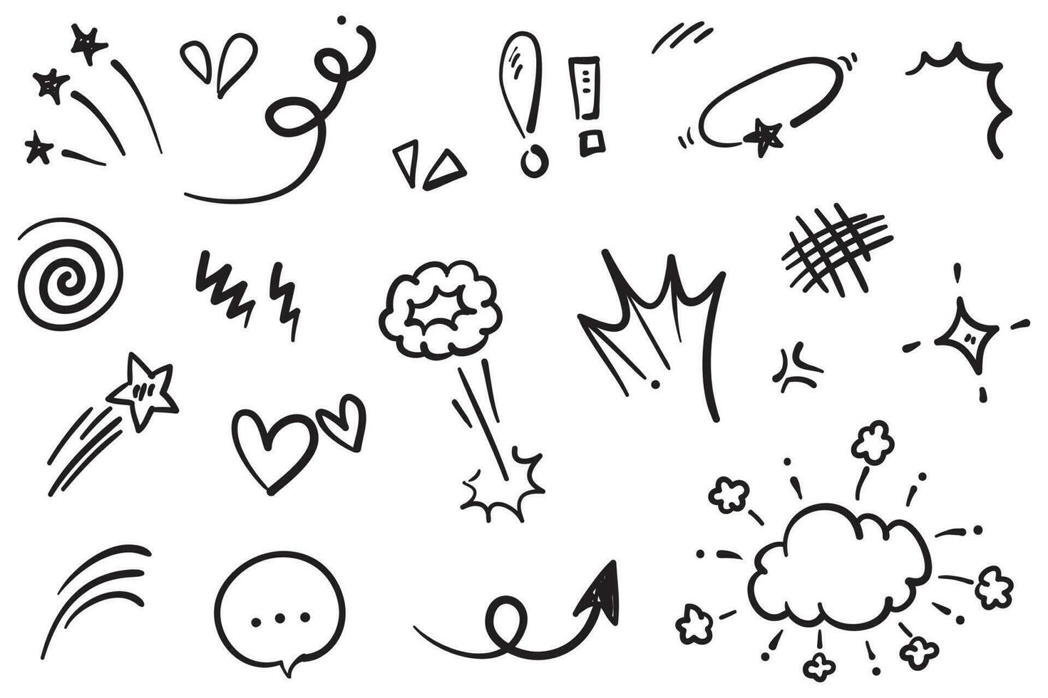 set vettoriale di doodle di segni di espressione cartoonesca disegnati a mano, frecce direzionali curve, elementi di design di effetti emoticon, simboli di emozione dei personaggi dei cartoni animati, linee di pennellate decorative carine.