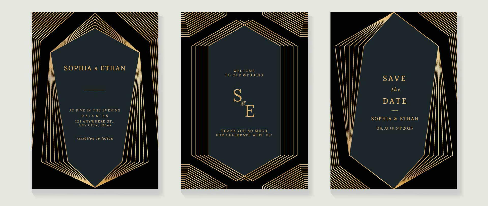 lusso nozze invito carta sfondo vettore. d'oro elegante geometrico forma, oro Linee su buio sfondo. premio design illustrazione per nozze e vip copertina modello, striscione, manifesto. vettore