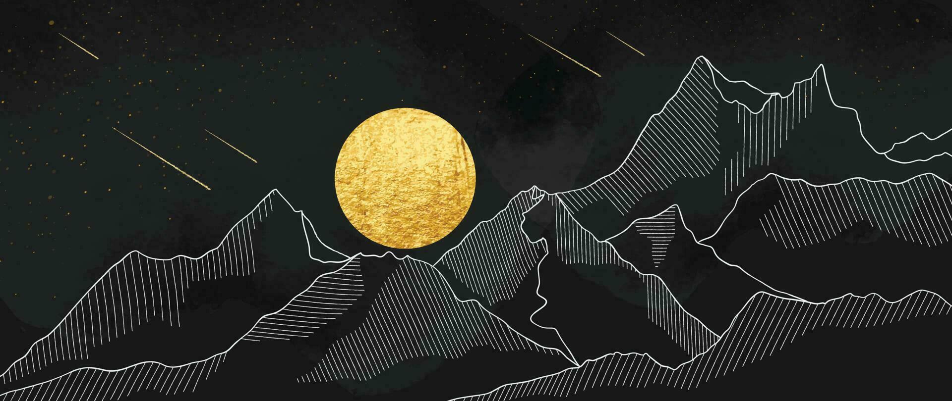 lusso montagna sfondo con notte panoramico paesaggio. oro colore pieno Luna, galassia, linea arte colline sfondo vettore. design illustrazione per coperchio, invito, confezione, tessuto, manifesto, Stampa. vettore