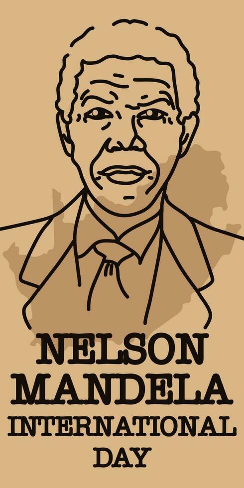 Nelson mandela internazionale giorno. azione vettore illustrazione. contorno ritratto di un' grave uomo contro il sfondo di il lineamenti di Sud Africa. diritti, forza, vittoria, uguaglianza, Marrone