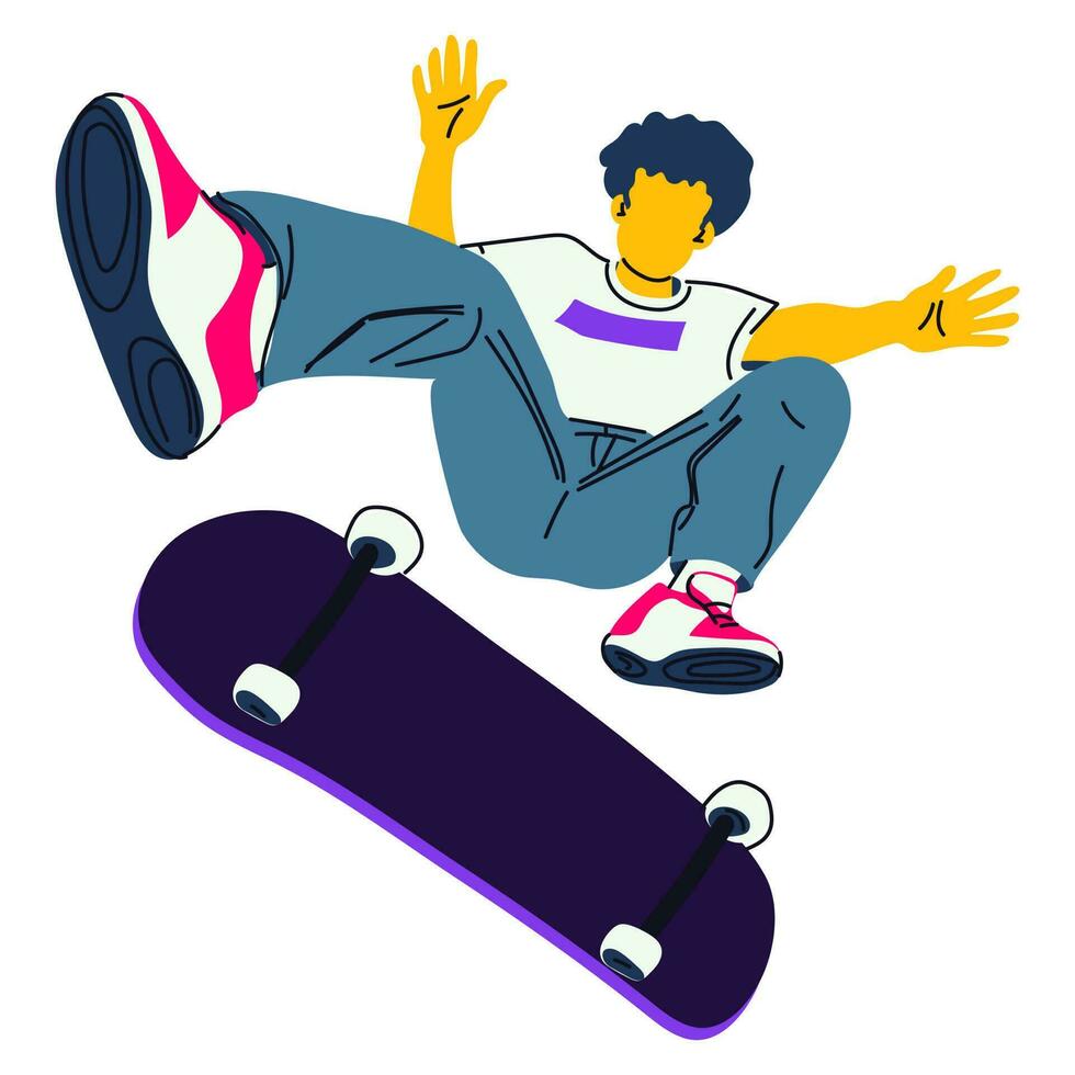 illustrazione di un' tipo con un' skateboard l'esecuzione un' skateboard saltare su un' bianca sfondo. skateboard trucchi, pattinando, salto su un' speciale piattaforma. di legno rampa. attivo gioventù nel luminosa succoso colori vettore