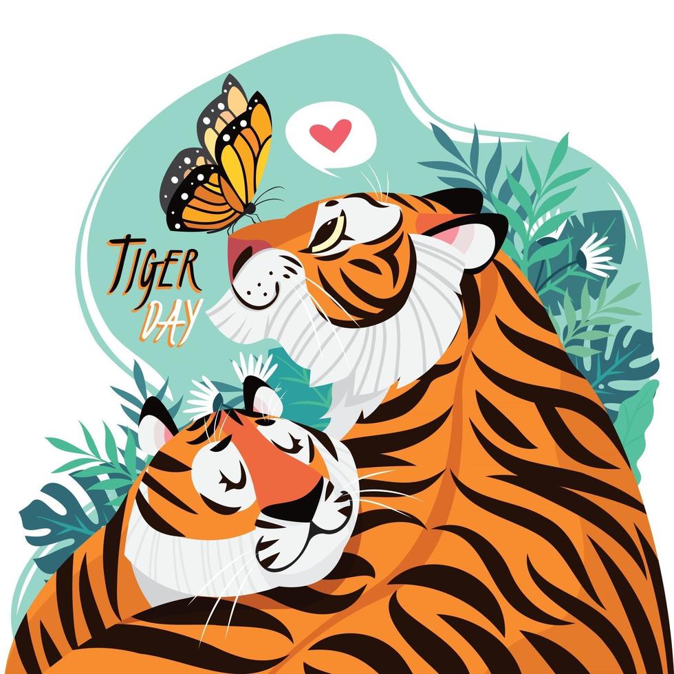 celebra il giorno della tigre con le tigri e il concetto di farfalla vettore