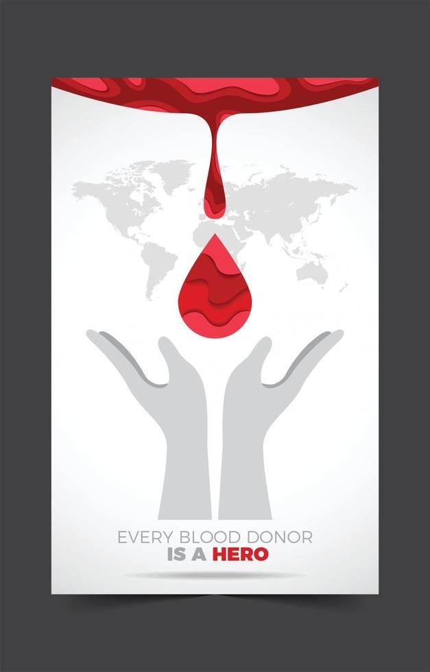 carta di donazione di sangue con la mano e il concetto di mondo vettore
