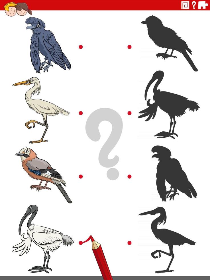 gioco educativo delle ombre con i personaggi dei cartoni animati di uccelli vettore