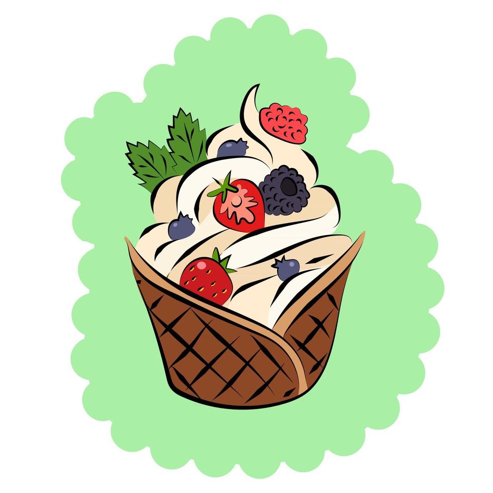 questo è un cesto di waffle con gelato alla vaniglia e panna montata e frutti di bosco con foglie di menta in cima vettore