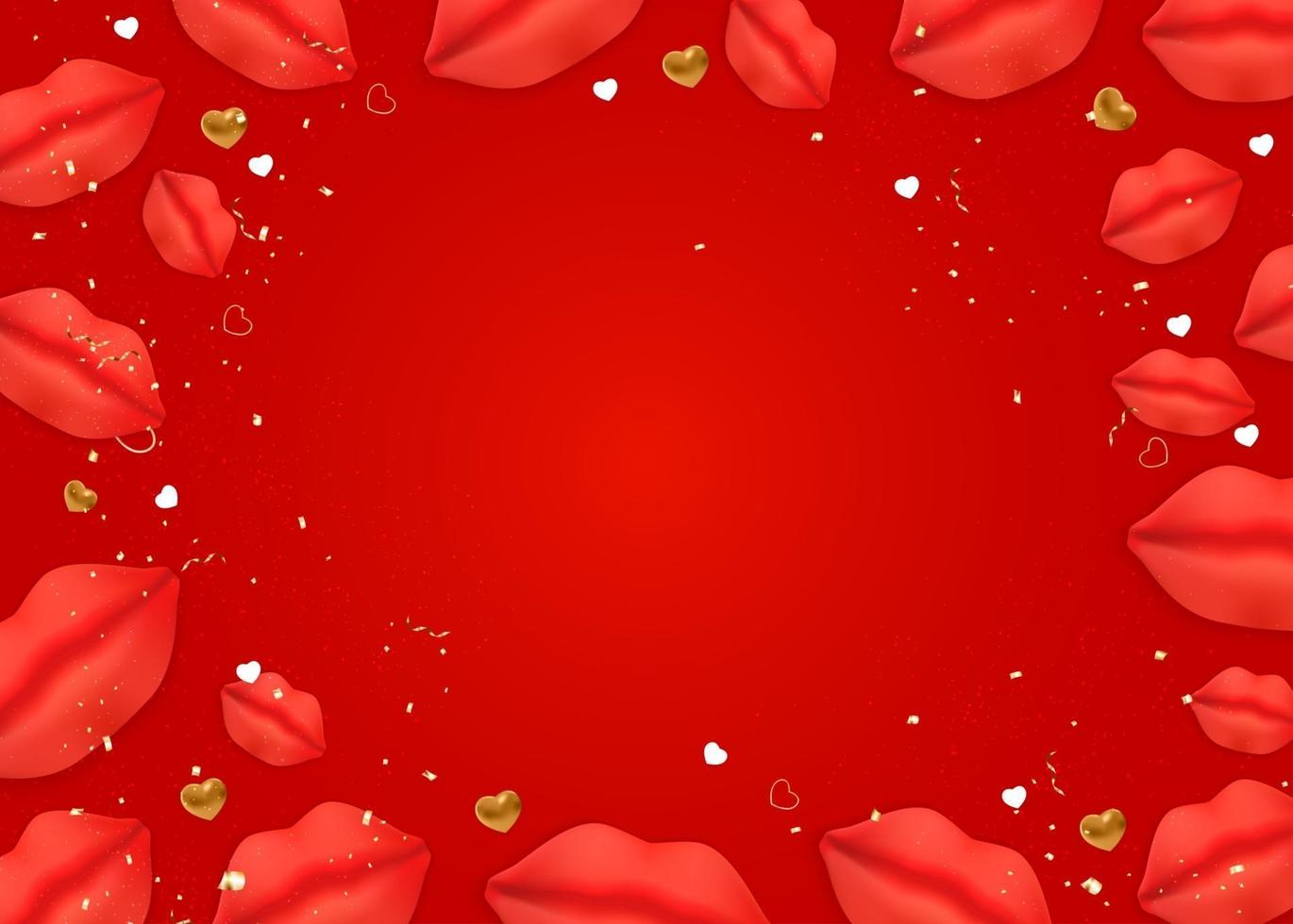disegno di sfondo di San Valentino con labbra e cuori realistici per modello per pubblicità o web o social media e annunci di moda vettore