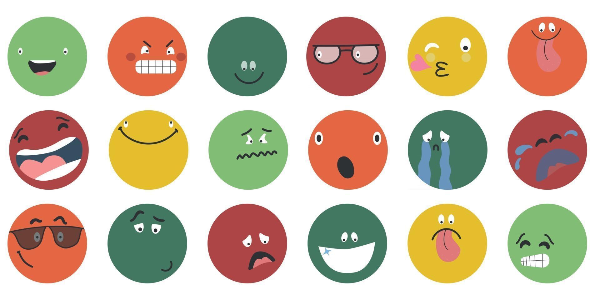 facce comiche astratte rotonde con varie emozioni diversi personaggi colorati stile cartone animato design piatto set di emoticon facce emoji emoticon sorriso espressione faccina digitale emozione sentimenti chat messaggero emoticon cartone animato vettore